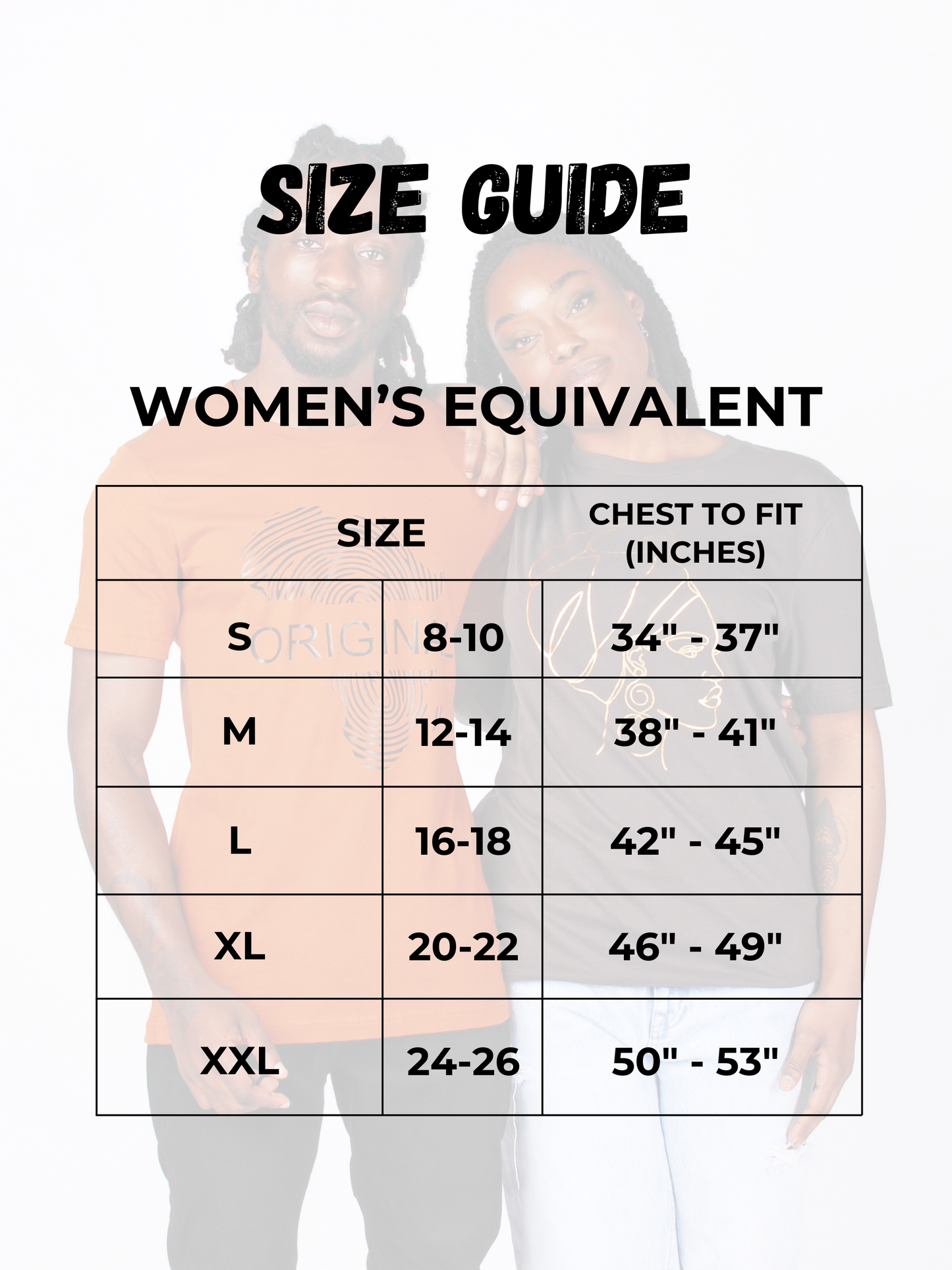 Women’s t-shirt size guide with chest measurements in inches, small to XXL, Afro Armour clothing chart.