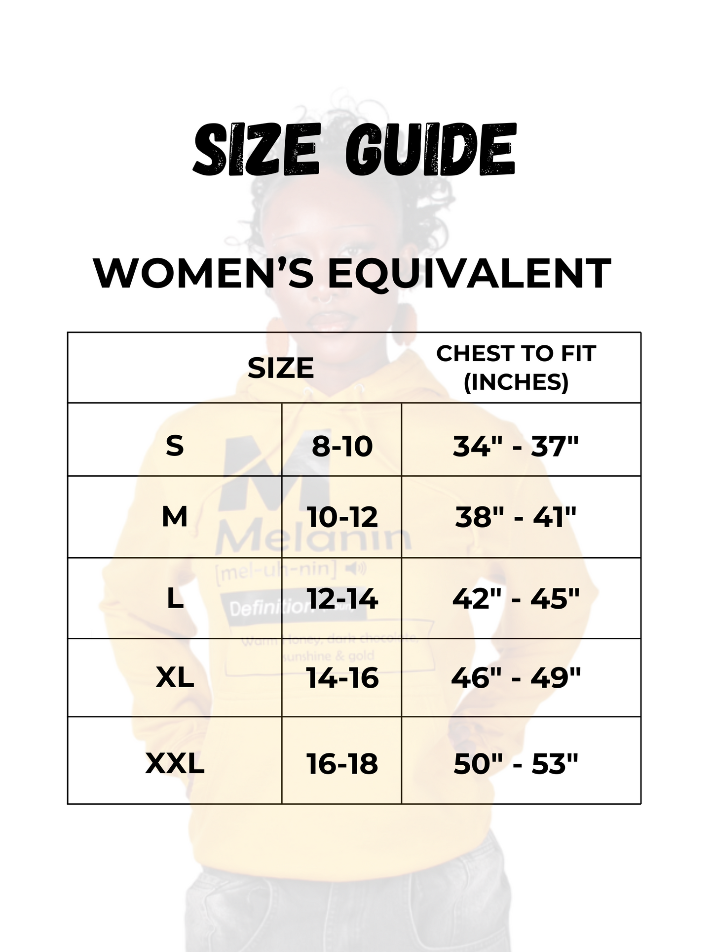 Women’s hoodie size guide showing sizes S to XXL with chest measurements 34 to 53 inches.