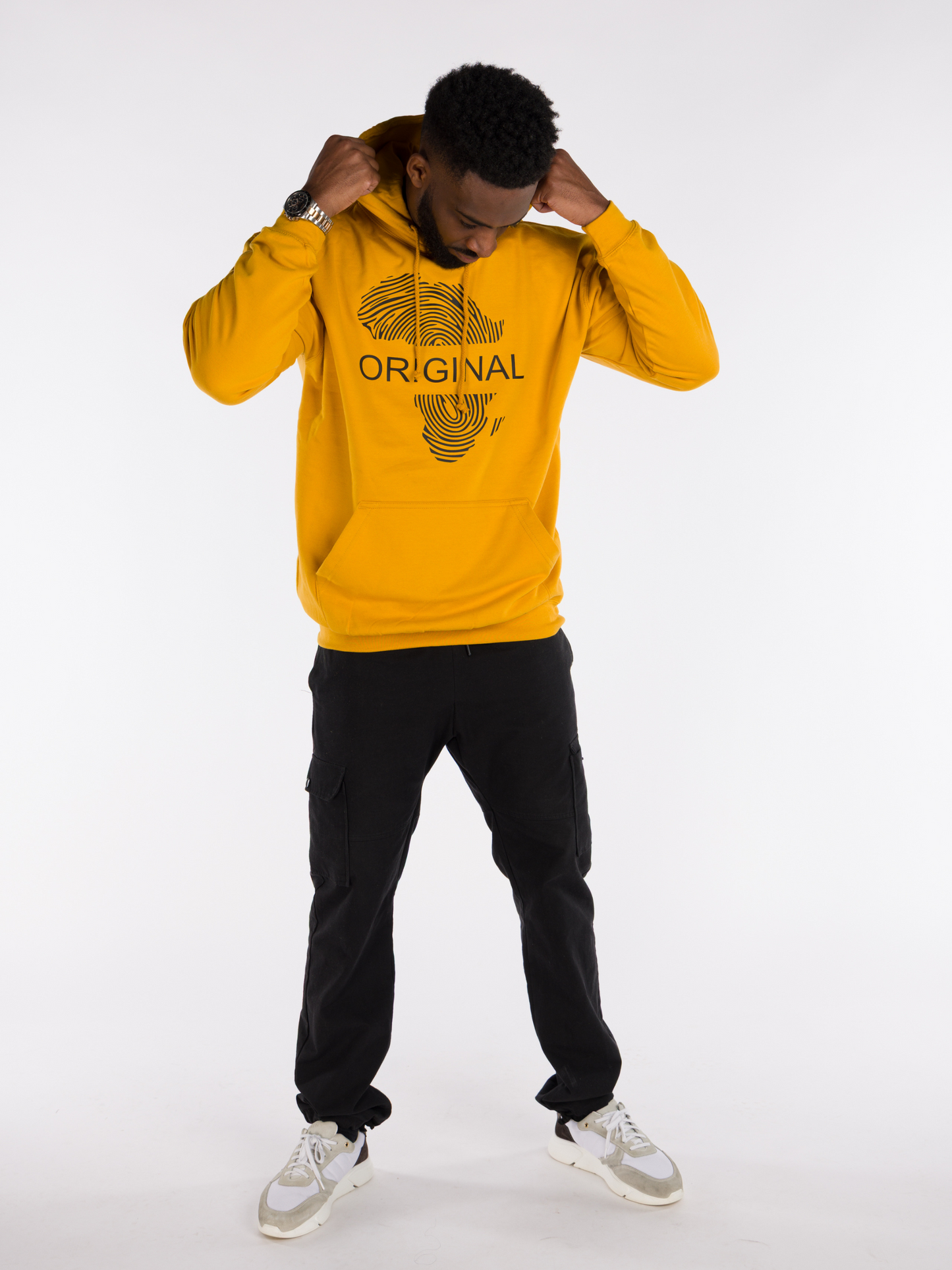 Men’s mustard yellow hoodie with black Africa fingerprint map and Original text on front. Afro Armour Afrocentric streetwear.
