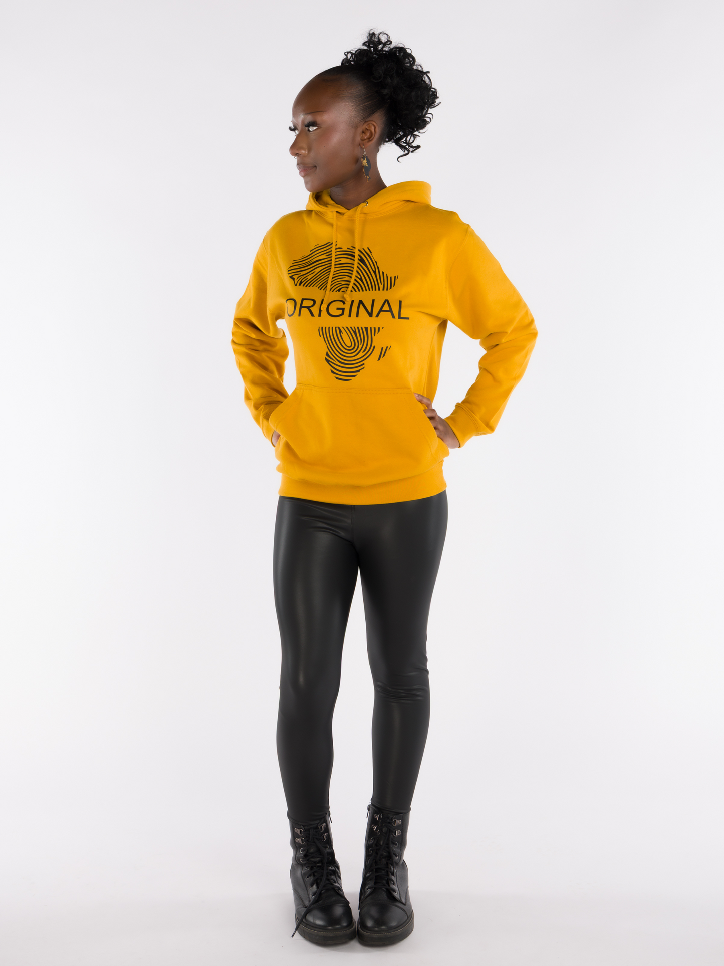 Women’s mustard yellow hoodie with black Africa fingerprint map and Original text. Afro Armour Afrocentric streetwear fashion.