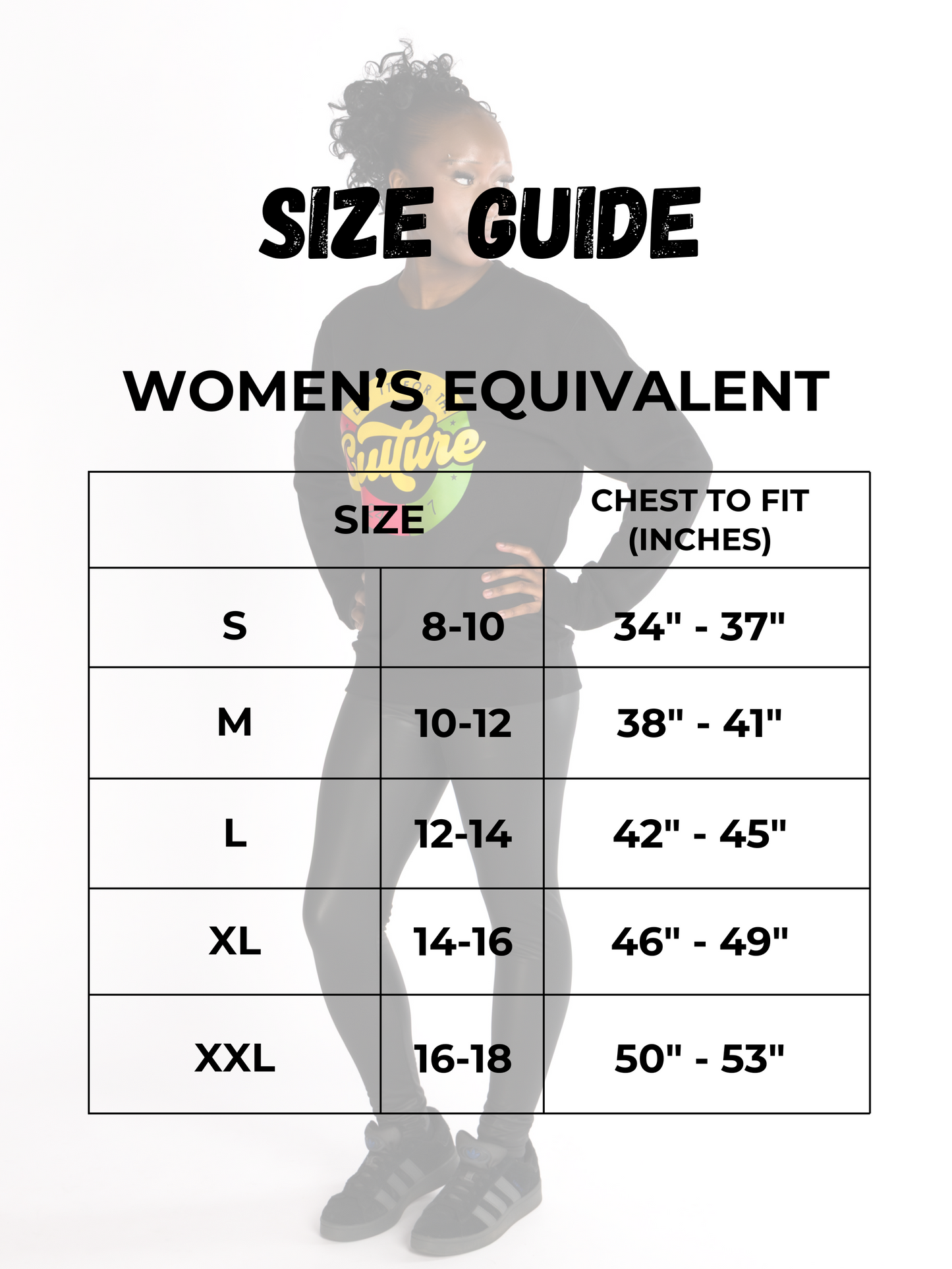 Women’s sweatshirt size guide showing sizes S to XXL with chest measurements 34 to 53 inches.