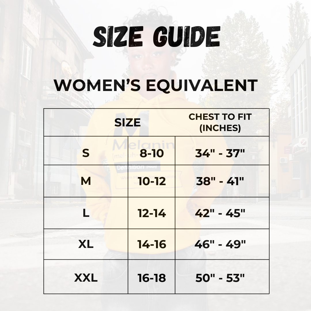 Women’s hoodie size guide showing sizes S to XXL with chest measurements 34 to 53 inches.